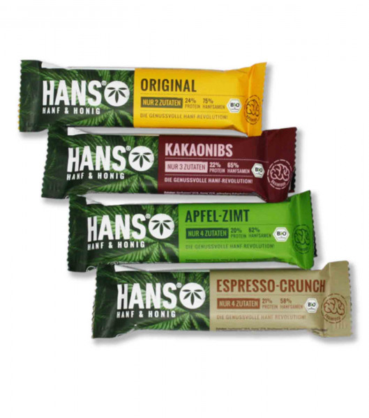 HANS Bio Riegel Probierpaket Apfel zimt original kakaonibs espresso crunch